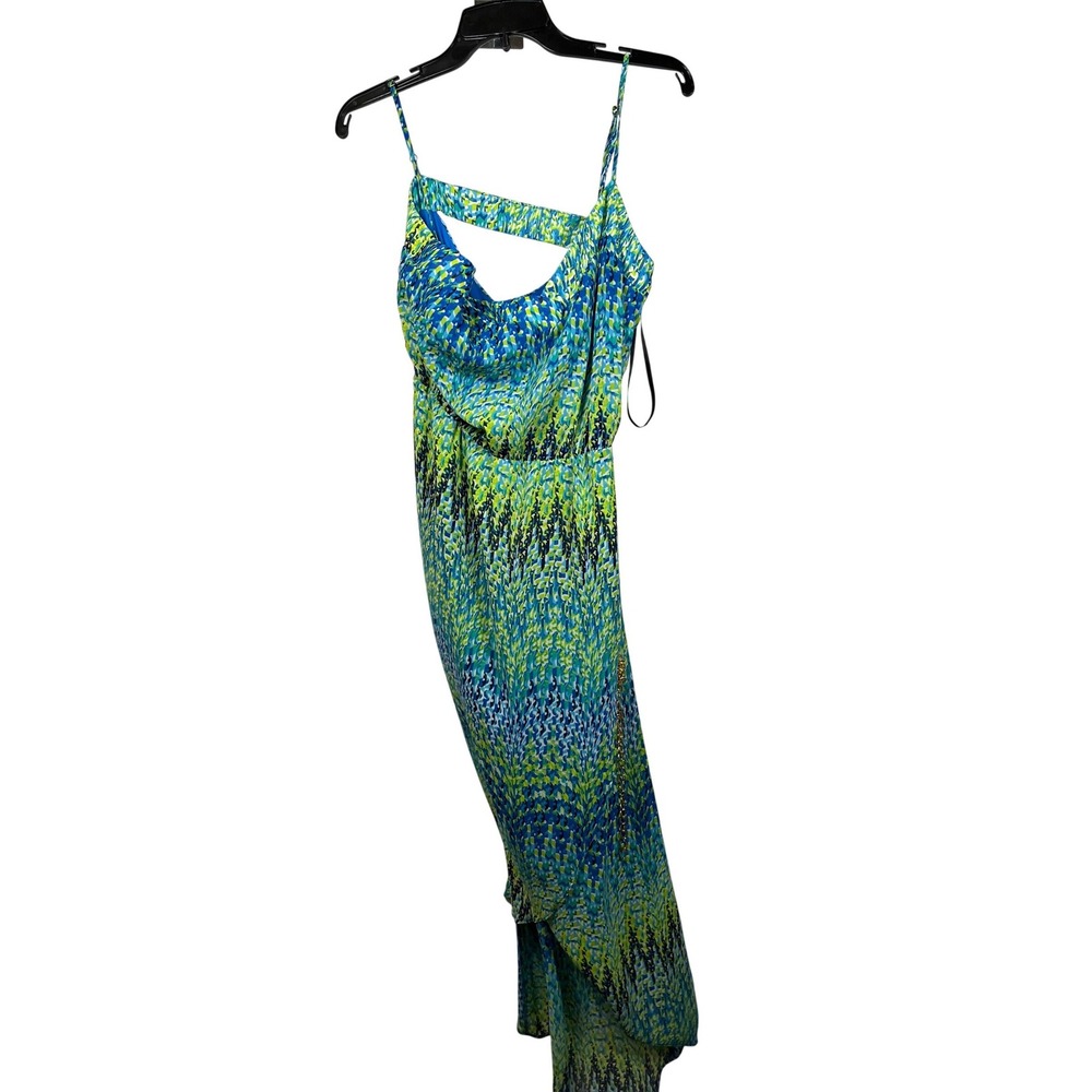 Laundry by Shelli Segal Blue Green Abstract Print High Low Maxi Dress Cowl Neck